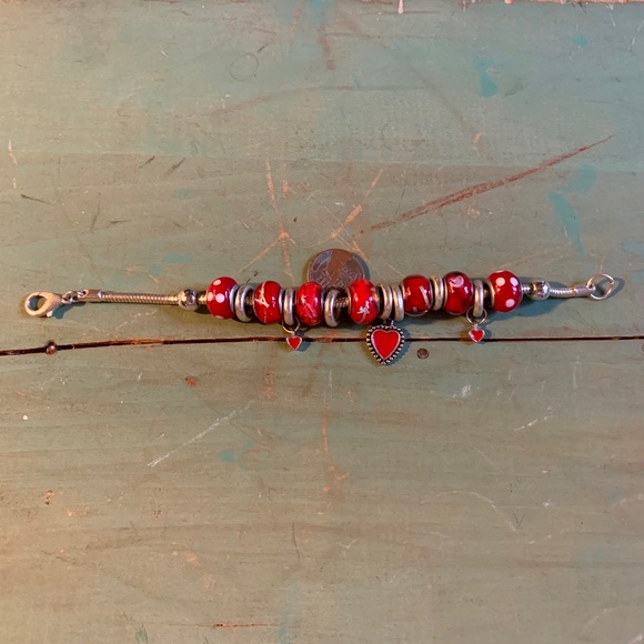 Hearts - Enameled Red Heart Drop Charm Bracelet -  Red Bead Bracelet - Picture 6 of 7